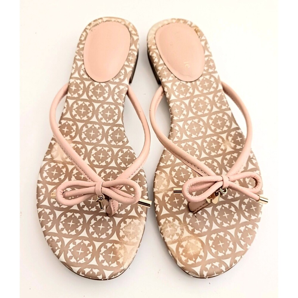 Kate Spade New York Mistic Thong Blush Leather Flip Flop Spade Charm Bow Sz 7.5